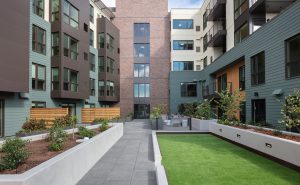 Image 48 - Oakland, CA, Apartments - Baxter on Broadway - Landscaped Courtyard with Elevated Planters, Bocce Ball Court, and Outdoor Seating.