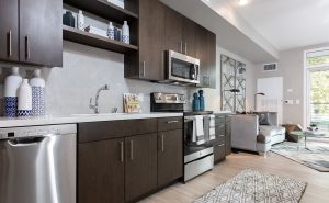 Image 26 - Apartments for Rent in Oakland, CA - Baxter on Broadway - Kitchen with Stainless Steel Appliances, Dishwasher, Quartz Countertops, Plank Hardwood Flooring, Tile Backsplash, and Dark Brown Cabinets.